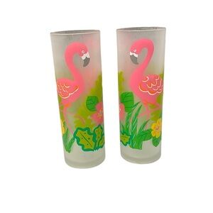 ✨5/$25 Flamingo Frosted Hard Plastic Tea Glasses Cups Tropical Palm Tiki Set 2